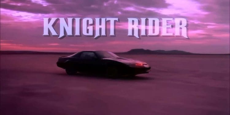 The iconic black car KITT from the TV show "Knight Rider" with the show title in bold letters.
