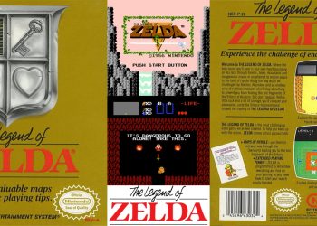 The original box art and screenshots from the 1986 NES game "The Legend of Zelda."