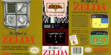 The original box art and screenshots from the 1986 NES game "The Legend of Zelda."