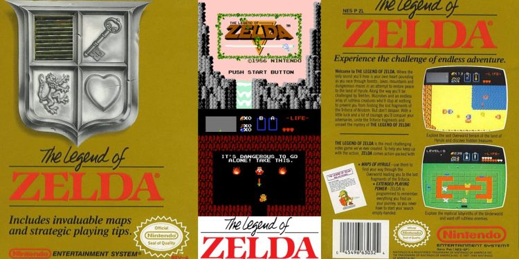 The original box art and screenshots from the 1986 NES game "The Legend of Zelda."