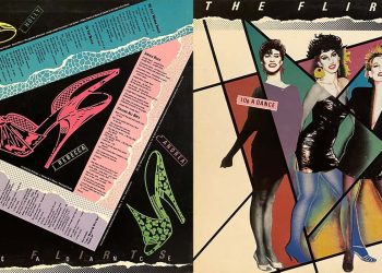 Album cover for "10¢ a Dance" by The Flirts, featuring colorful illustrations of high heels and the band members.