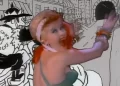 Cindy Lauper in colorful outfit dancing with cartoon background