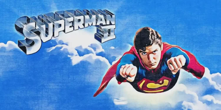 Superhero flying over cityscape at night