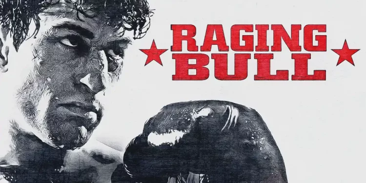 Raging Bull movie poster with boxer illustration.
