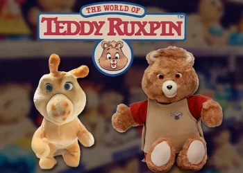 Teddy Ruxpin toys with logo in background.