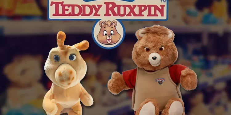 Teddy Ruxpin toys with logo in background.