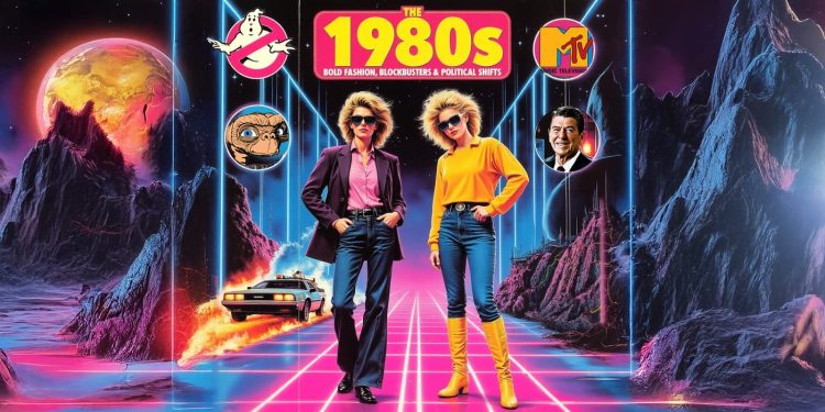 1980s fashion, movies, and cultural icons montage