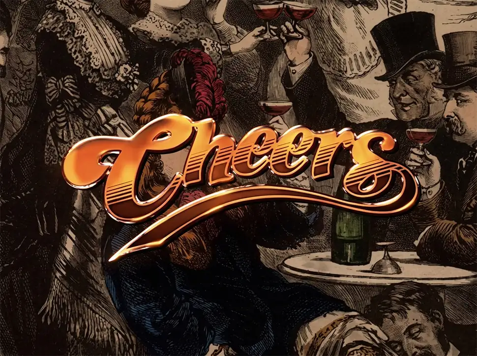 Cheers television show logo over vintage tavern illustration background from the 1982 sitcom.