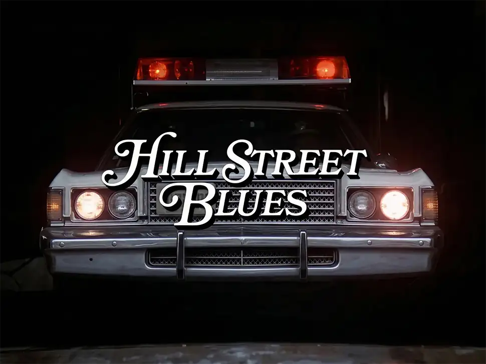 Hill Street Blues title screen with a police car and flashing red lights from the classic 1981 television drama.