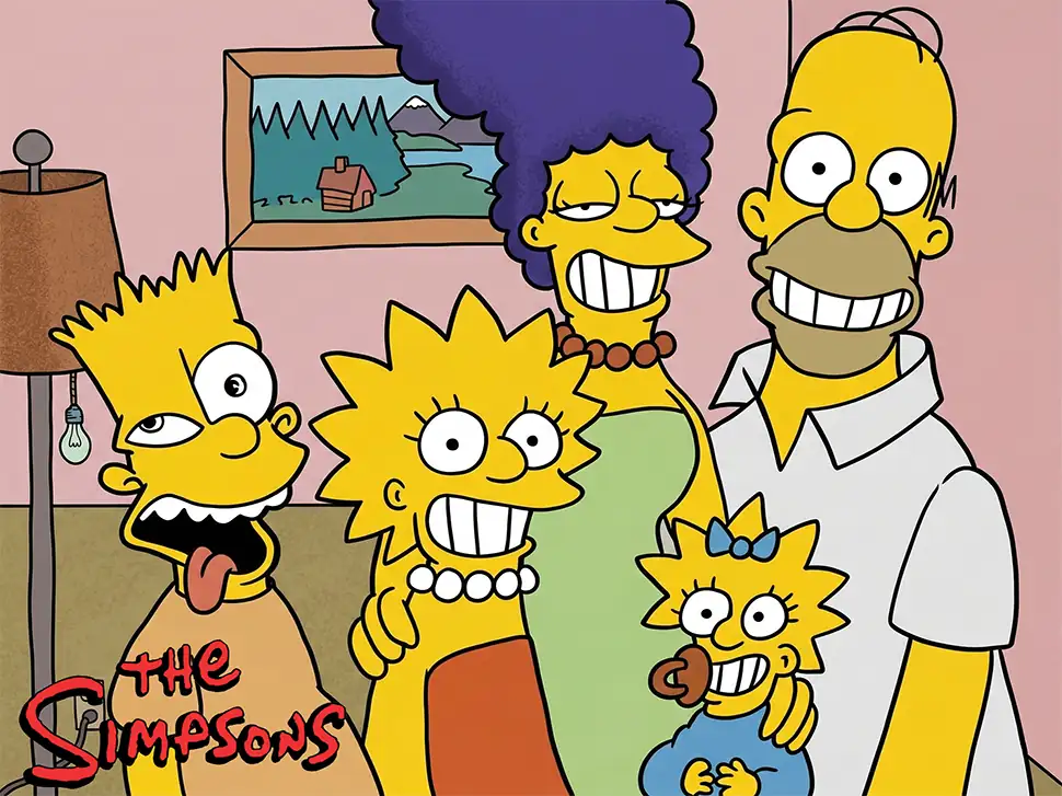 The Simpsons family portrait featuring Homer, Marge, Bart, Lisa and Maggie from the 1989 animated television series.
