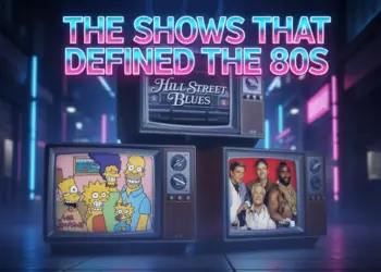 Stacked vintage CRT televisions displaying classic 1980s TV shows including Hill Street Blues, The Simpsons, and an action team, with neon retro lighting and the title “The Shows That Defined the 80s”.