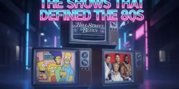 Stacked vintage CRT televisions displaying classic 1980s TV shows including Hill Street Blues, The Simpsons, and an action team, with neon retro lighting and the title “The Shows That Defined the 80s”.