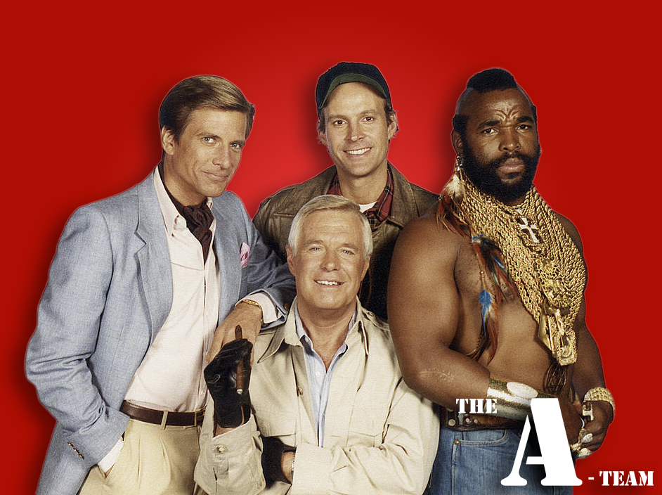 The A-Team cast promotional image featuring Hannibal Smith, Face, Murdock and B.A. Baracus against a red background.